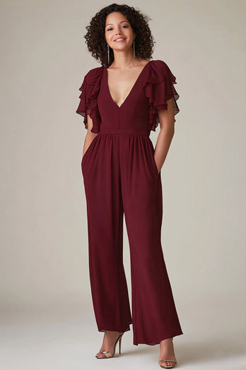 Burgundy Chiffon V-Neck Ruffled Sleeves Jumpsuit