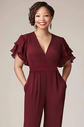 Burgundy Chiffon V-Neck Ruffled Sleeves Jumpsuit