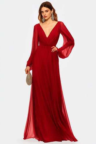 Red A Line V-Neck Chiffon Long Formal Dress with Long Sleeves