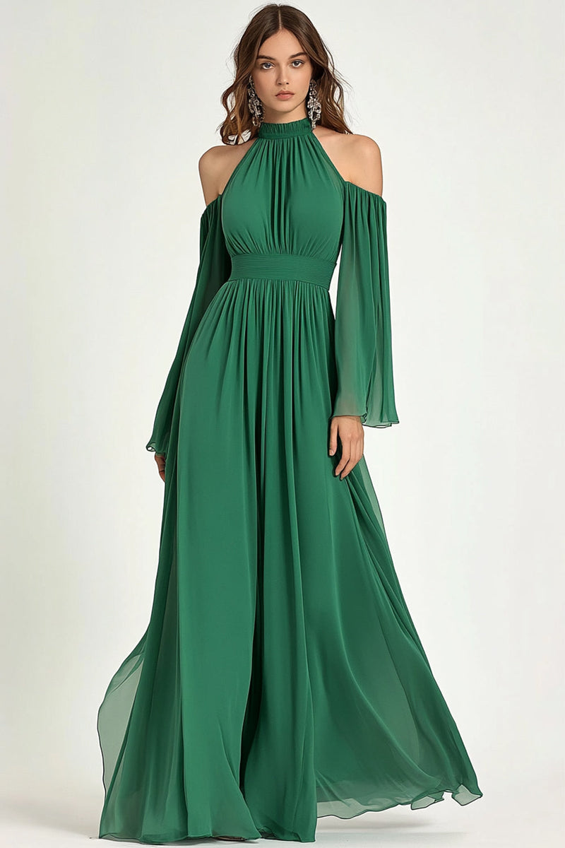 Load image into Gallery viewer, Green A Line Chiffon High Neck Long Formal Dress