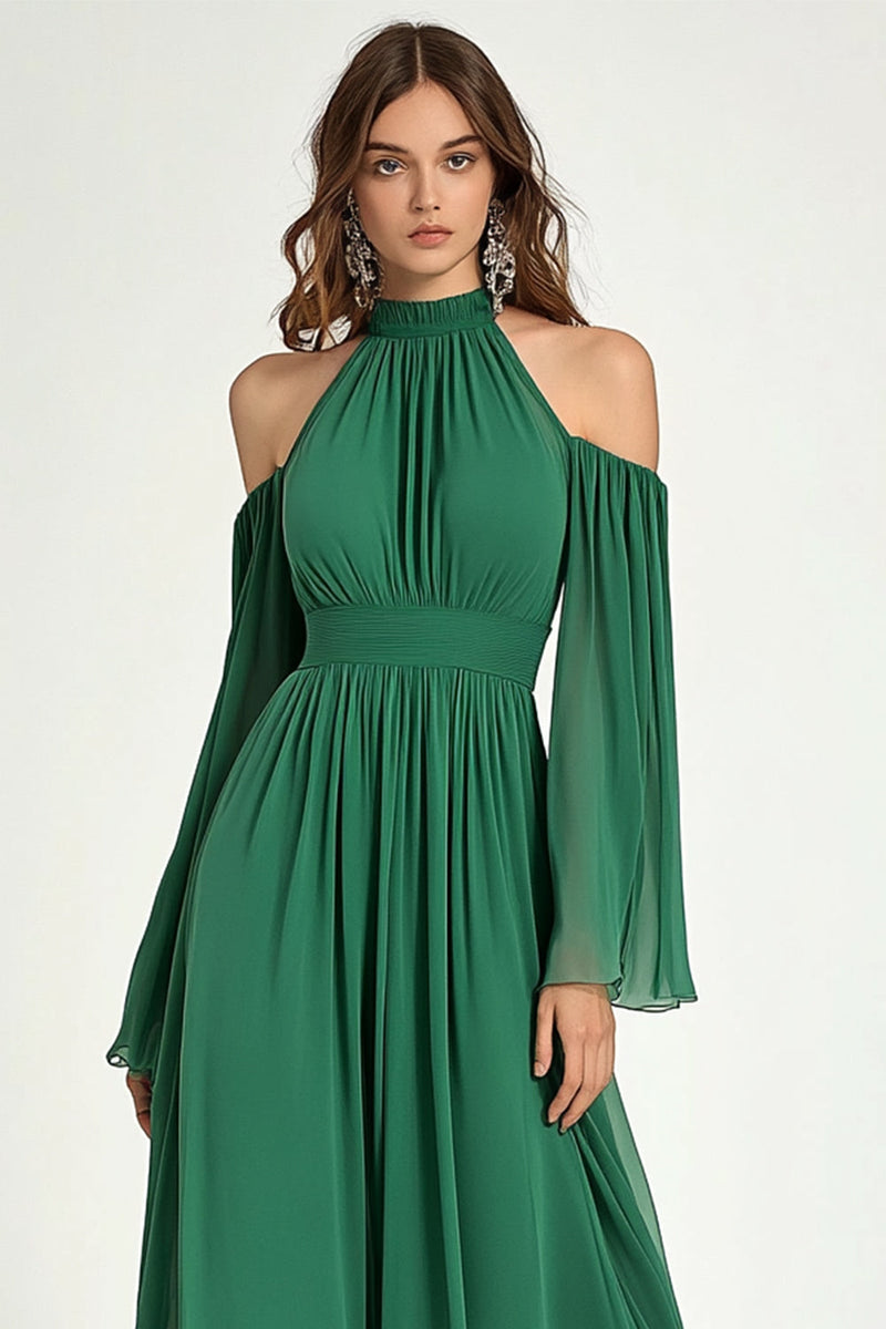 Load image into Gallery viewer, Green A Line Chiffon High Neck Long Formal Dress