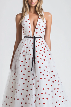 Cute White V-Neck A Line Tulle Long Formal Dress with Red Hearts