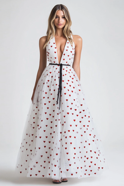 Cute White V-Neck A Line Tulle Long Formal Dress with Red Hearts