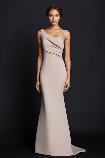 Elegant Khaki One Shouder Ruched Satin Long Formal Dress