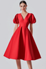 Load image into Gallery viewer, Red V-Neck Puff Sleeves Satin Long Formal Dress