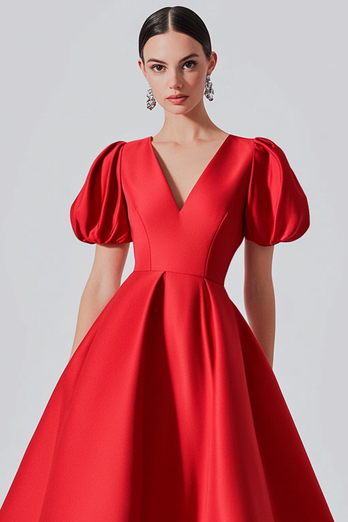 Red V-Neck Puff Sleeves Satin Long Formal Dress