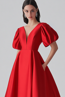 Red V-Neck Puff Sleeves Satin Long Formal Dress