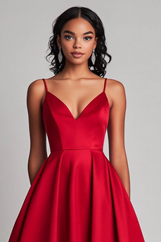 Red Spaghetti Straps Asymmetrical Tea Length Long Formal Dress