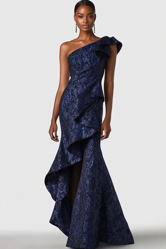 Floral Navy One Shouler Mermaid Long Formal Dress with Ruffles