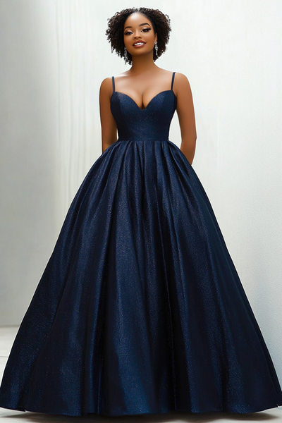 Glitter Navy Sweetheart Spaghetti Straps Satin Long Formal Dress