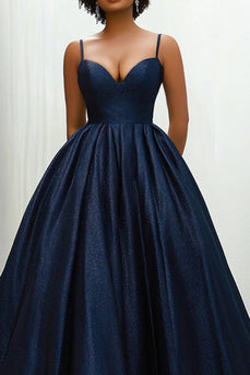 Glitter Navy Sweetheart Spaghetti Straps Satin Long Formal Dress