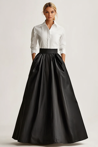 Chic Black A Line Satin Long Formal Dress with Sleeves