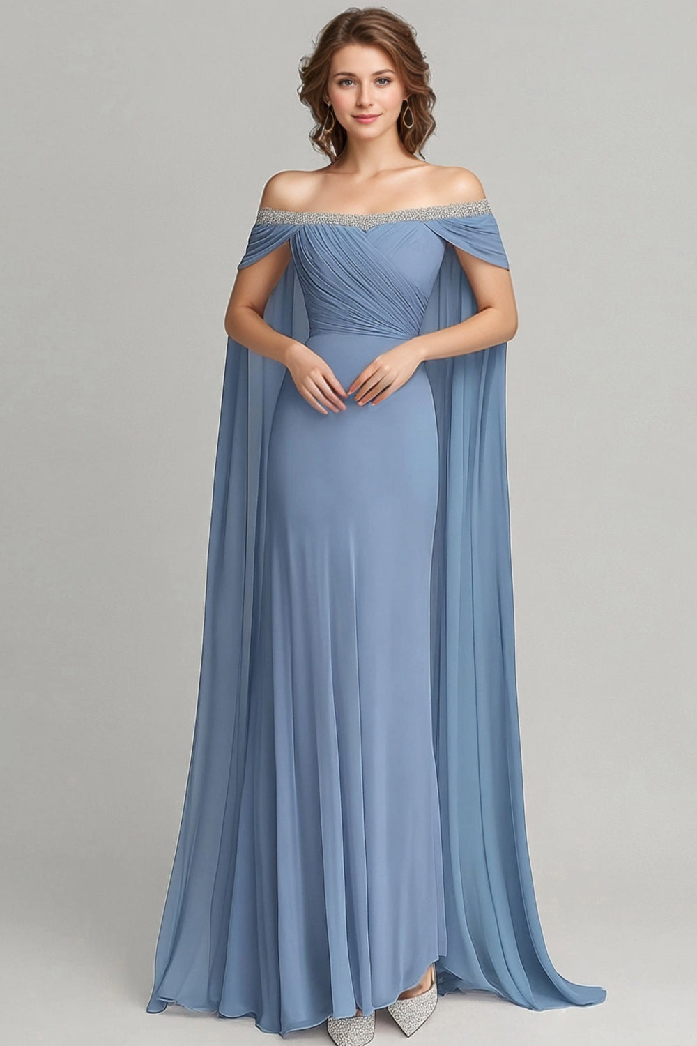 Flowy Grey Blue Chiffon Maxi Mother of the Bride Dress with Beading