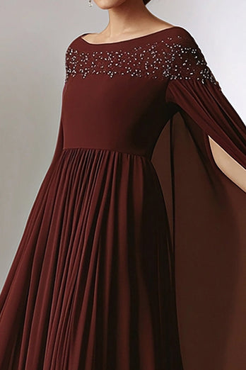 Flowy Burgundy Beaded A Line Chiffon Maxi Mother of the Bride Dress