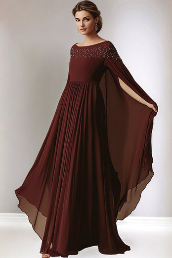 Flowy Burgundy Beaded A Line Chiffon Maxi Mother of the Bride Dress