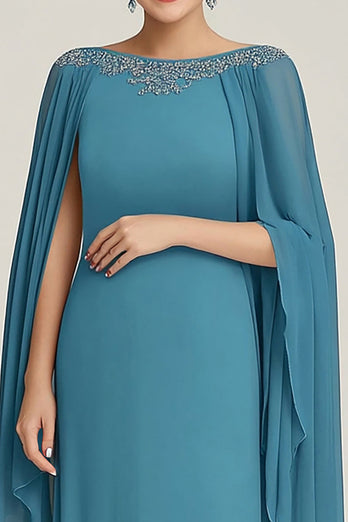 Blue Chiffon Boat Neck Flowy Beaded Maxi Mother of the Bride Dress