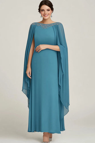 Blue Chiffon Boat Neck Flowy Beaded Maxi Mother of the Bride Dress