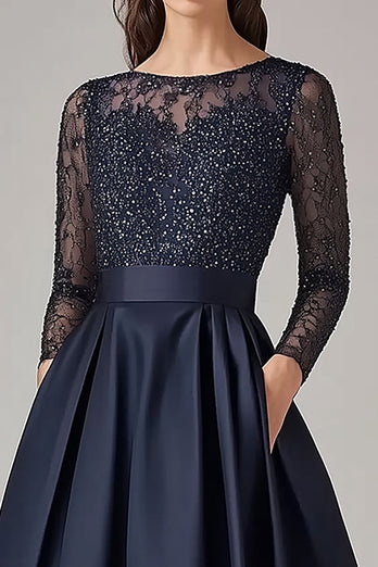 Sparkly Navy A Line Illusion Mother of the Bride Dress with Long Sleeves