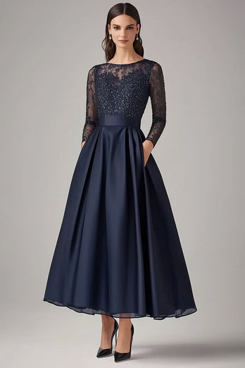 Sparkly Navy A Line Illusion Mother of the Bride Dress with Long Sleeves