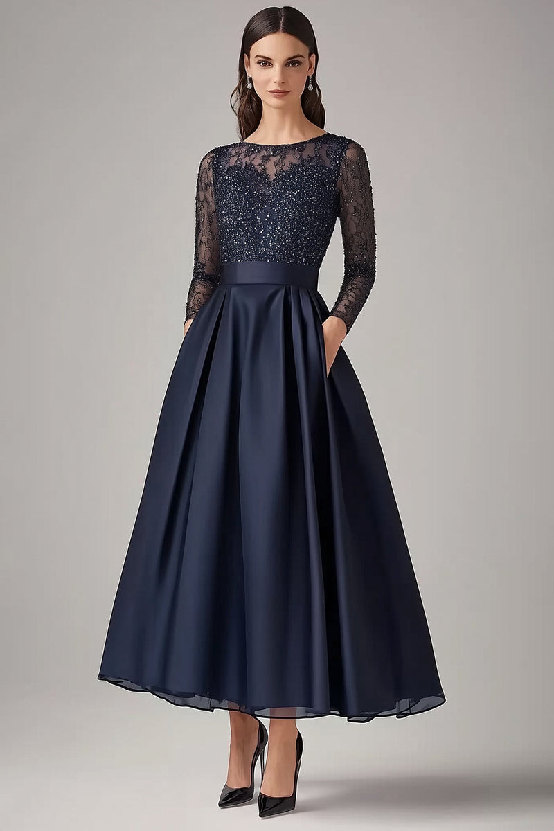 Load image into Gallery viewer, Sparkly Navy A Line Illusion Mother of the Bride Dress with Long Sleeves