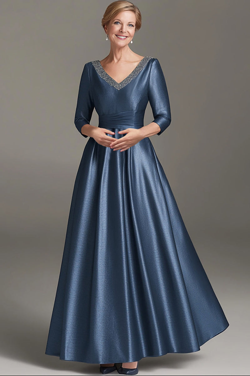 Load image into Gallery viewer, Sparkly Dark Blue V-Neck A Line Satin Mother of the Bride Dress