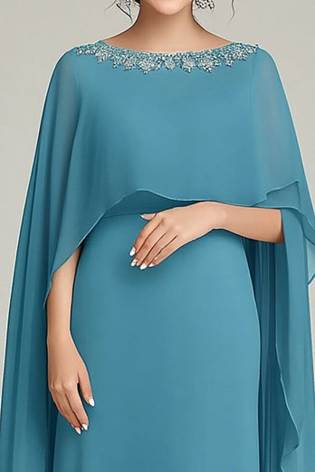 Blue Flowy Chiffon Boat Neck Maxi Mother of the Bride Dress