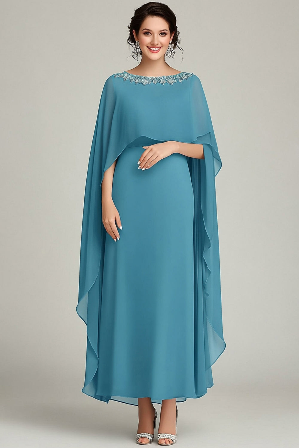 Blue Flowy Chiffon Boat Neck Maxi Mother of the Bride Dress