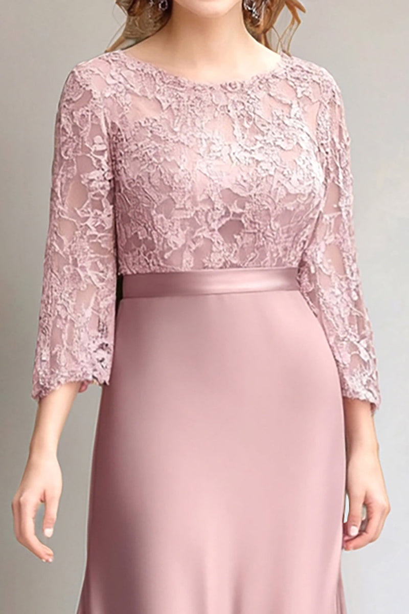 Load image into Gallery viewer, Pink Floral Boat Neck 3/4 Sleeves Mother of the Bride Dress with Lace