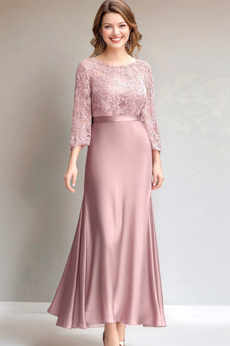 Pink Floral Boat Neck 3/4 Sleeves Mother of the Bride Dress with Lace