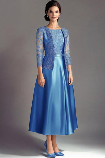 Floral Blue Spaekly Satin Mother of the Bride Dress with Lace Jacket