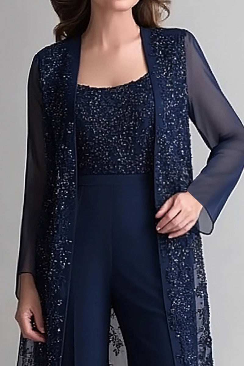 Load image into Gallery viewer, Sparkly Navy Chiffon Jumpsuit with Sequined Jacket