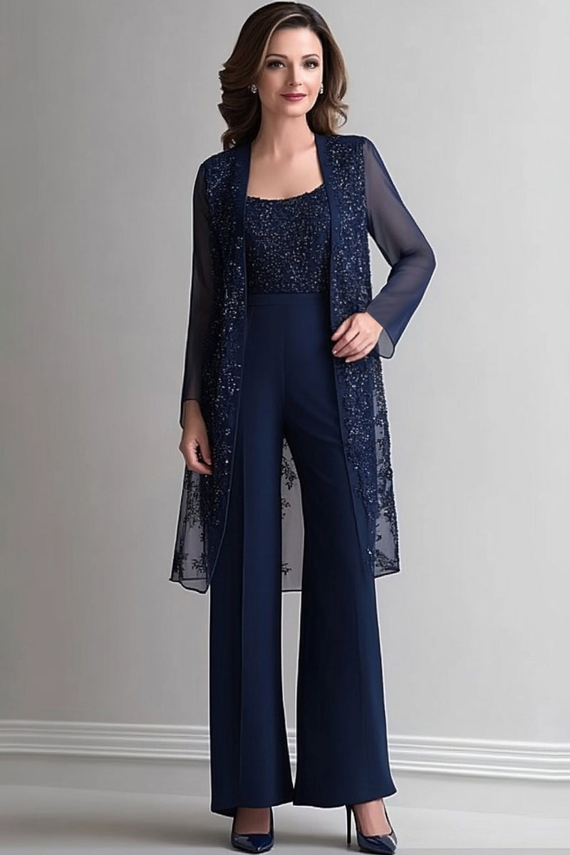 Load image into Gallery viewer, Sparkly Navy Chiffon Jumpsuit with Sequined Jacket