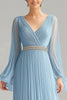 Load image into Gallery viewer, Sky Blue A Line Pleated V-Neck Long Formal Dress with Sleeves