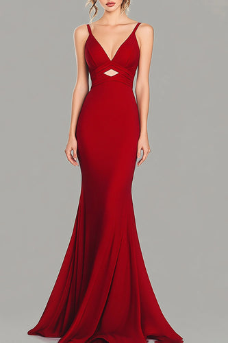 Red Mermaid Spaghetti Straps Satin Long Formal Dress