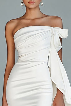 White Strapless Sheath Satin Long Formal Dress with Slit