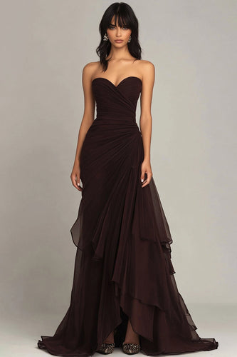 Dark Brown Sweetheart Sheath Ruffles Chiffon Long Formal Dress