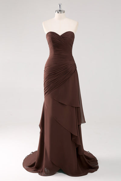 Chiffon Dark Brown Strapless Tiered Long Sheath Formal Dress