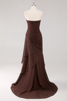 Chiffon Dark Brown Strapless Tiered Long Sheath Formal Dress