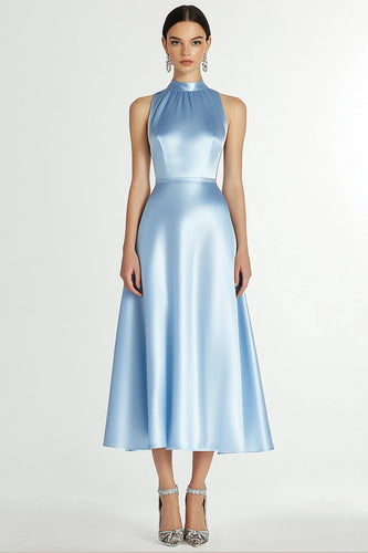 Sparkly Blue High Neck A Line Satin Long Formal Dress