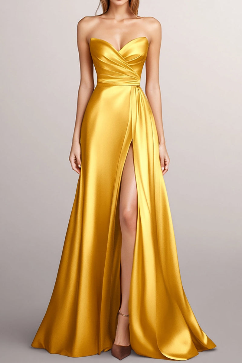 Load image into Gallery viewer, Yellow A Line Sweetheart Long Formal Dress with Slit