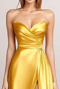 Yellow A Line Sweetheart Long Formal Dress with Slit