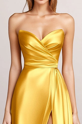 Yellow A Line Sweetheart Long Formal Dress with Slit