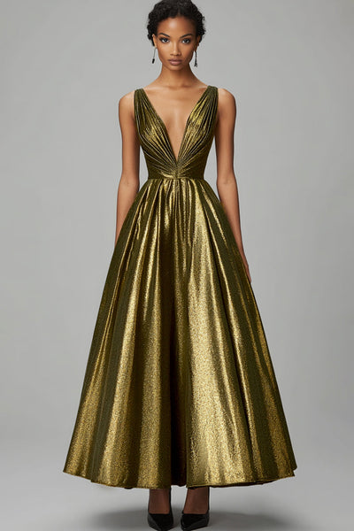 Sparkly Dark Gold V-Neck Pleated Long Formal Dress