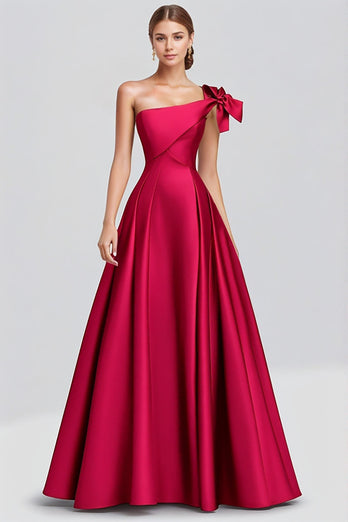 Fuchsia Ball Gown One Shoulder Satin Long Formal Dress