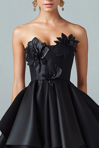 Black Asymmetrical Satin Long Formal Dress with 3D Flowers