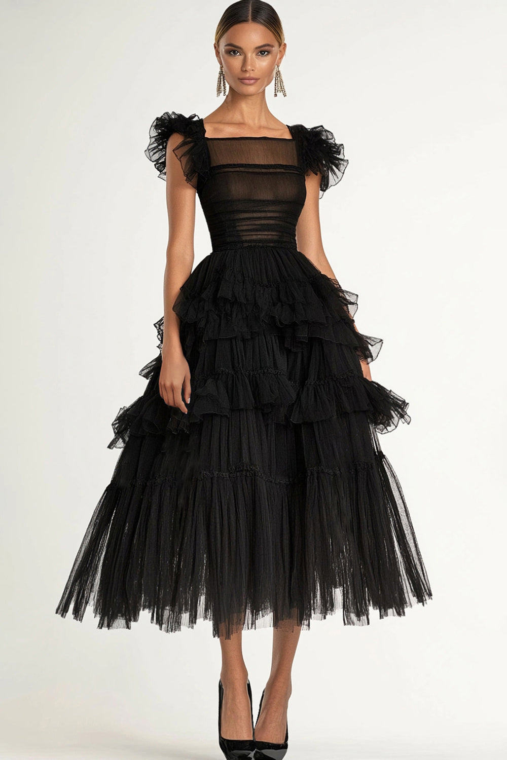 Black Tulle A Line Tiered Long Formal Dress