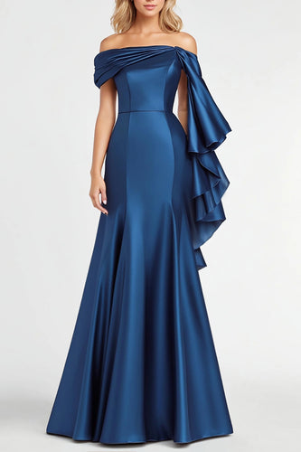 Dark Blue Off the Shoulder Mermaid Satin Long Formal Dress