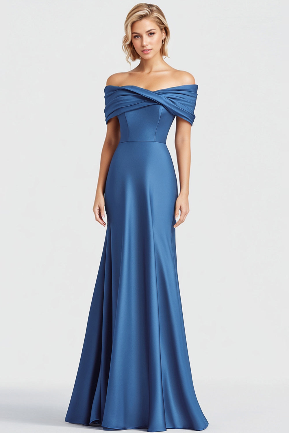 Blue Mermaid Satin Off the Shoulder Ruched Long Formal Dress