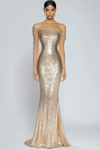 Sparkly Champagne Sequin Long Formal Dress with Long Sleeves