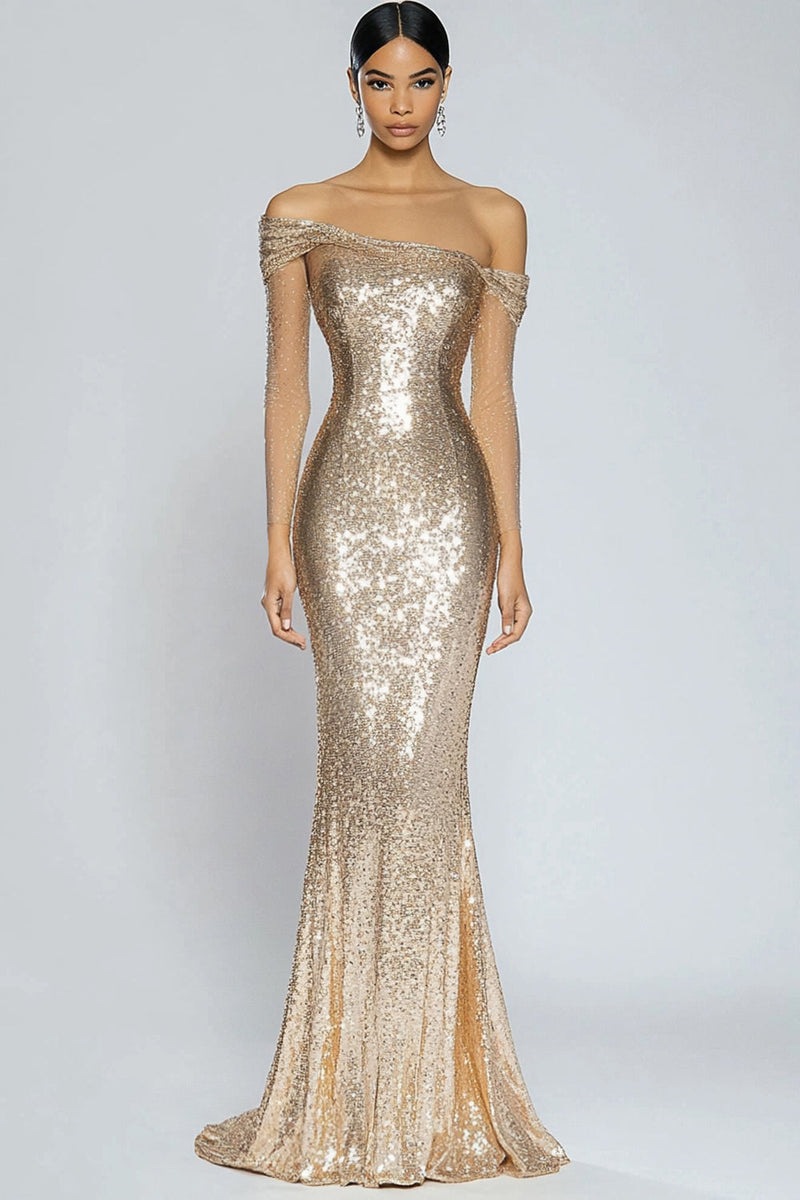 Load image into Gallery viewer, Sparkly Champagne Sequin Long Formal Dress with Long Sleeves